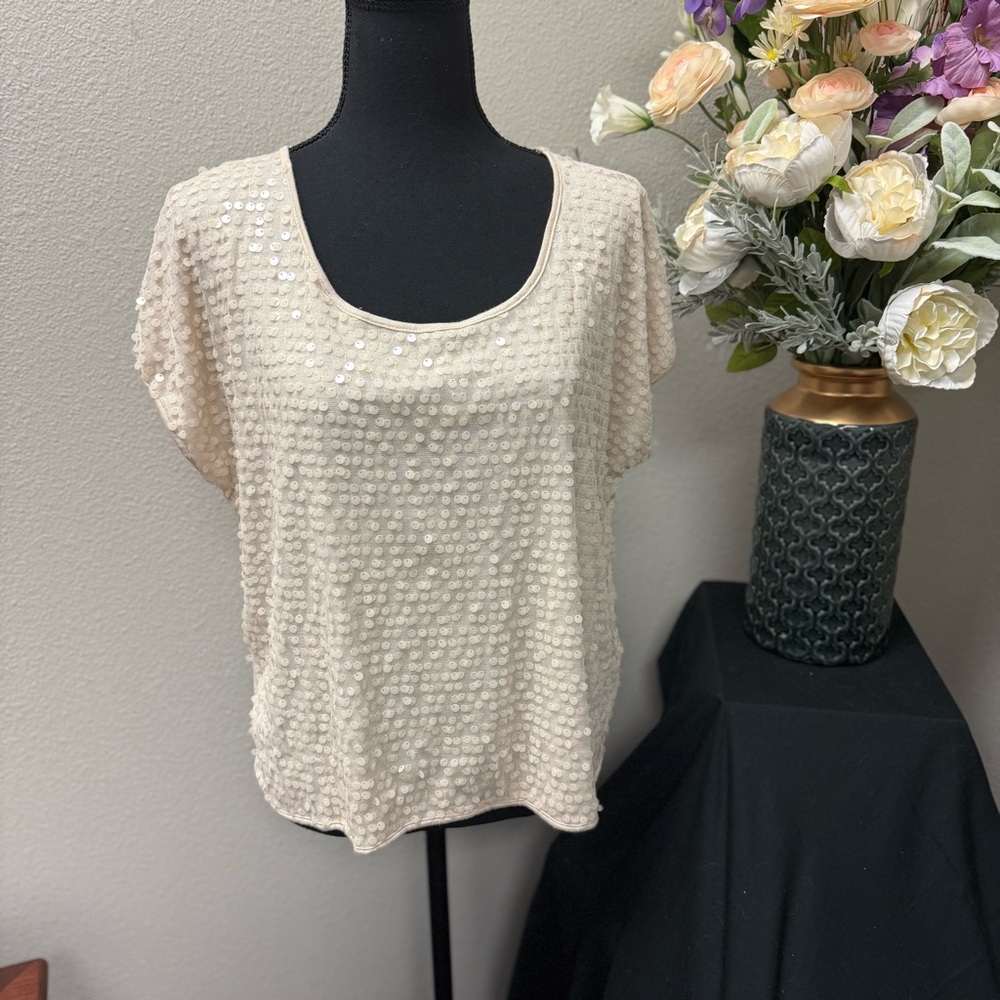 WallpaperHER Cream Sequin Embellished Scoop Neck Top | Size L
